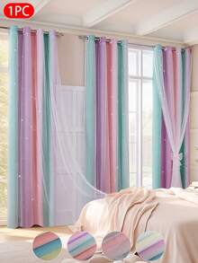 1 件渐变双层薄纱窗帘,空心星形设计,100% 涤纶,带顶环,滤光,保护隐私,遮光,适用于卧室、客厅、阳台装饰 - 彩色 - 查看 2