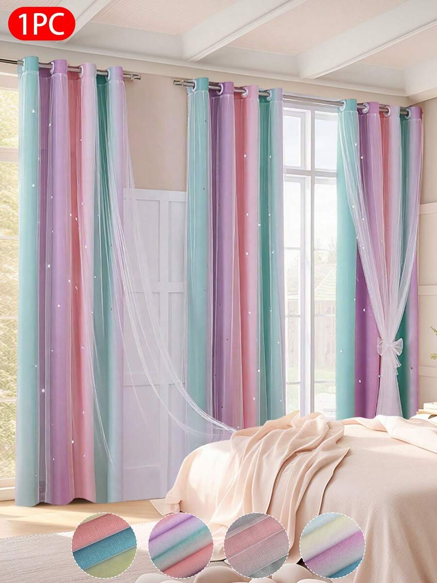 1 件渐变双层薄纱窗帘，空心星形设计，100% 涤纶，带顶环，滤光，保护隐私，遮光，适用于卧室、客厅、阳台装饰
