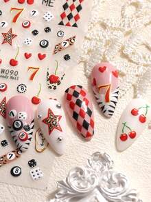 2张Y2K台球美甲贴纸，3D卡通樱桃豹星台球扑克牌美甲图案可爱美甲装饰自粘美甲贴花美甲沙龙DIY美甲用品 - 彩色 - 查看 7