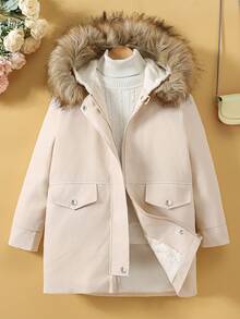 Tween Girls Casual Cute Thermal Lined Hooded Long Sleeve Jacket With Pockets, Suitable For Autumn/Winter - Baby Pink - View 3