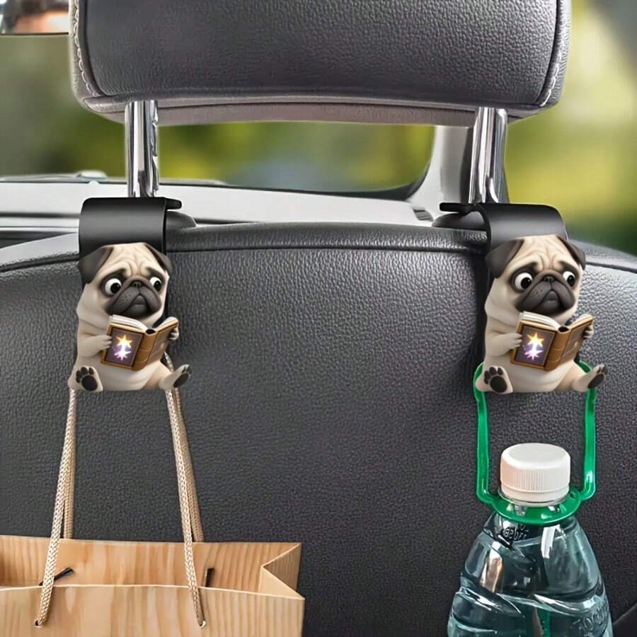 2 件 - 可爱哈巴狗 2D 汽车座椅挂钩，隐藏式后座储物挂钩，哈巴狗设计，亚克力多功能汽车配件，用于整理包袋、瓶子等，汽车座椅挂钩 - 彩色 - 查看 1