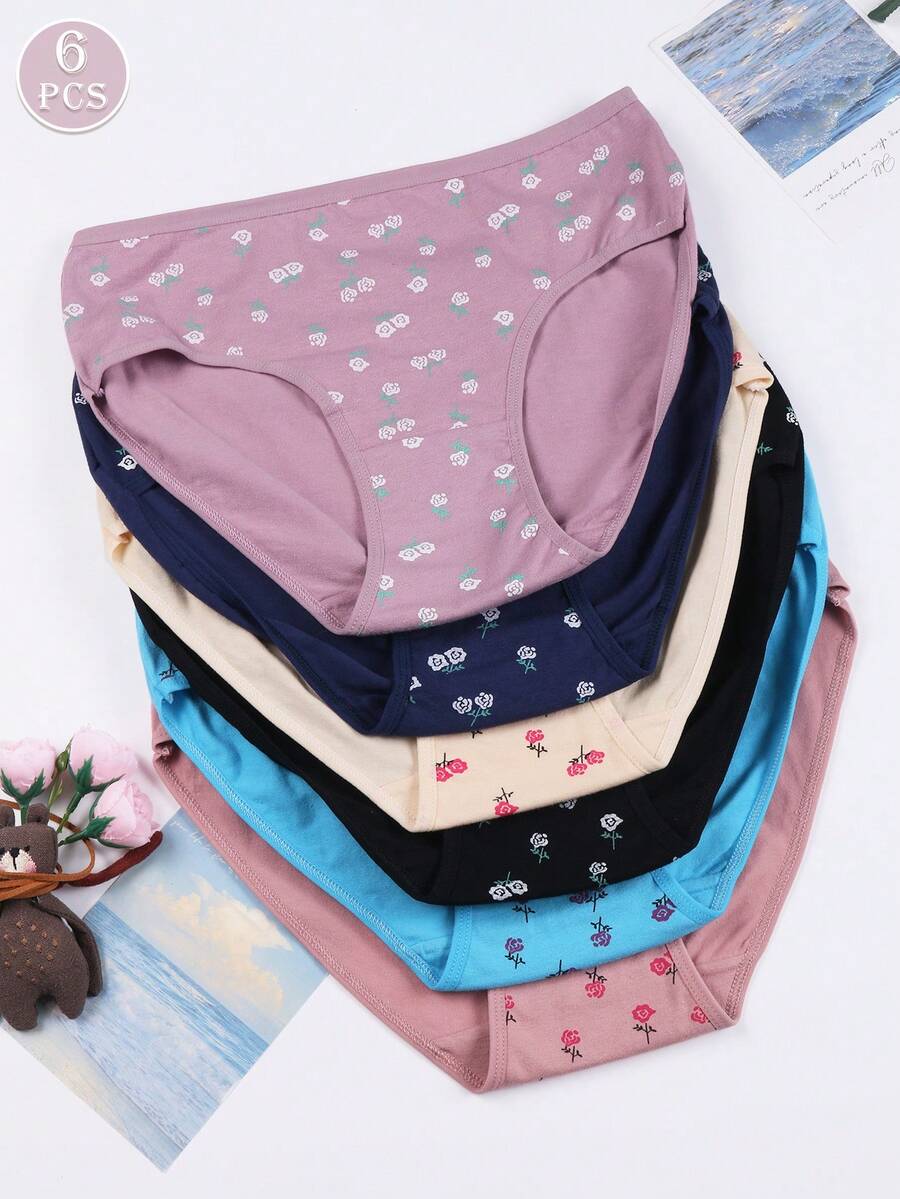 6 Pairs Of Women's Printed Mid-Rise Briefs - Soft, Comfortable And Elegant Daily Underwear, In Navy Blue/Black And White, Beige And Pink Green, Light Blue And Brown Purple, Dark Gray And Multicolor, And Lavender With Flowers | Casual Wear | Premium Fabric - 彩色 - 查看 1
