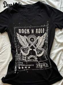 Women's Y2K Rock Band Style Graphic T-Shirt, V-Neck Short Sleeve Casual Top, Suitable For Spring/Summer Occasions And Daily Wear - Black - View 1