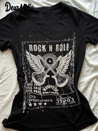 Grafisk T-shirt i rockbandsstil för kvinnor i Y2K, kortärmad kortärmad V-ringad topp, lämplig för vår-/sommartillställningar och dagligt slitage