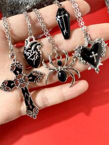 DareSee 5件套Y2K复古哥特朋克摇滚风格心形、玫瑰、十字架、棺材、宝石、蜘蛛吊坠项链套装，不锈钢链，个性化嘻哈音乐节项链 - 黑色 - 查看 6
