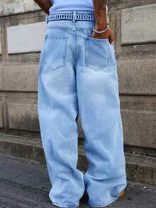 Men's Comfortable Solid Washed Blue Wide Leg Jeans, Fashionable And Versatile Wardrobe Essential Denim Pants