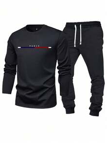 2 件男士休闲字母印花长袖 T 恤和抽绳腰裤套装，轻盈，修身，适合丈夫/男朋友的礼物，秋季服装，街头，通勤，户外活动，度假，秋季服装 - 黑色 - 查看 3