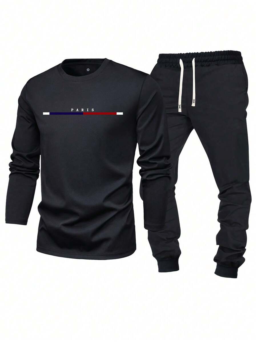 2pcs Men's Casual Letter Print Long Sleeve T-Shirt And Drawstring Waist Pants Set, Lightweight, Slim Fit, Suitable For Husband/Boyfriend Gift, Autumn Outfit, Street, Commute, Outdoor Activities, Vacation, Fall Clothes - 黑色 - 查看 1