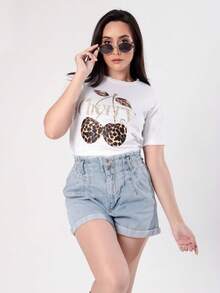 Blusa Blanca con Estampado de Cereza Animal Print – Camiseta Casual Juvenil con Diseño Chic - Blanco - Ver 6