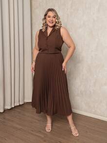 ANLE MODAS Women's Set Pleated Skirt With Elegant Vest Luis Twill Plus Size - Coffee Brown - View 2