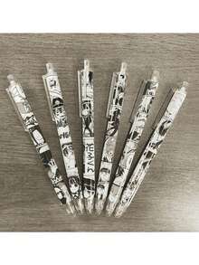 6支装漫画主题凝胶墨水笔，中号笔尖，塑料滚珠笔，适用于办公室和学生文具用品，开学季适用
