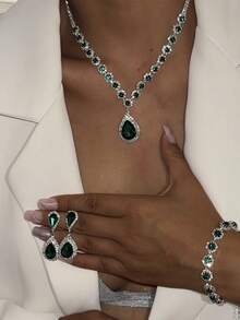 3pcs Rhinestone Water Drop Necklace, Bracelet And Earrings Set, Fashionable Luxury High-End Pendant Choker Necklace Wedding/Party Dress Accessories