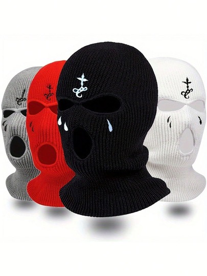 1PC Outdoor Three-Hole Pullover Hat Personalized Three-Dimensional Embroidered Knitted Hat Casual Sports Windproof Ski Hat For Unisex