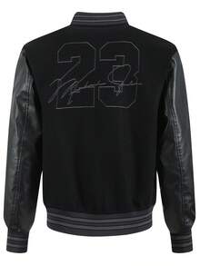 男士黑色棒球夹克高端刺绣皮革时尚街头风格运动服休闲经典复古运动服拼布PU长袖嘻哈机车夹克外套 - 黑色 - 查看 3