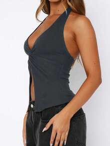 1 chiếc áo hai dây xoắn lưng bất đối xứng/bất đối xứng bằng vải trơn màu, mùa xuân/hè - Xám - Xem 5