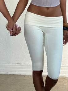 Awevudst Women Fold Over Capri Yoga Pants Low Rise Knee Length Stretch Skinny Leggings Summer Fall Party Going Out Crop Pants Y2K Streetwear Sportwear - 黃色 - 查看 10