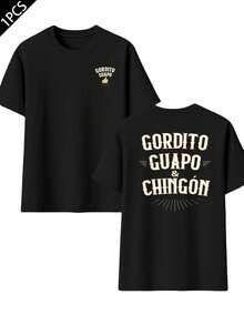 Camiseta Gordito Guapo Chingón Camiseta de algodón puro de 220 g/m2 con cuello redondo, informal, moderna y con estampado de doble cara para hombre (1 unidad) - Negro - Ver 3