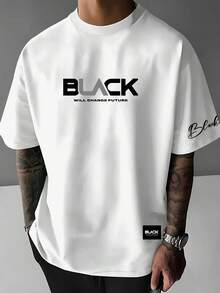 Camiseta de Hombre con Estampado de Letras NEGRAS, Transpirable y Cómoda, Corte Holgado, Ropa para Exteriores - Blanco - Ver 1