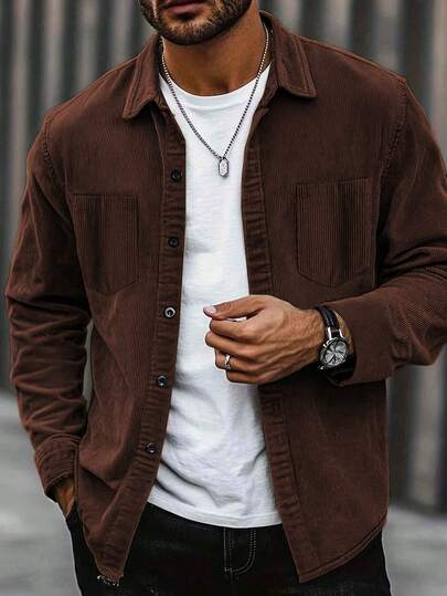 Men's Fashion Corduroy Casual Shirt Jacket, Button Front, Long Sleeve, Dual Pockets Design, Suitable For Daily Casual, Stylish Minimalist, Commuting, Streetwear, Spring/Autumn/Winter