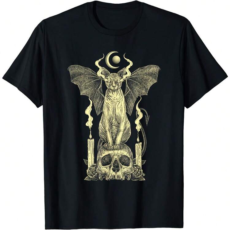 New Limited Evil Sphynx Cat Bat Skull Wicca Gothic Goth Witchcraft Witch T-Shirt - Black 3 - View 1