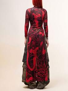 Summer Street Snake Print Semi High Neck High Slit Long Top - Red - View 3