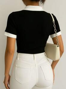 Women's Polo Collar Blouse, Two-Tone, Short Sleeve, Casual Cotton - p-黑色露領 - 查看 4