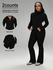 FWH Conjunto de invierno de talla grande con puños con agujero para el pulgar, con cremallera delantera, campana alargadora de piernas, chic de lujo de rendimiento de estilo retro futurista, conjunto de entrenamiento de cuello alto, ropa de yoga con cremallera, pantalones acampanados con control de abdomen, conjunto de ropa deportiva térmica, chaqueta con cremallera y cuello alto y pantalones de yoga acampanados para mujer, conjunto de 2 piezas para mujer - Negro - Ver 3