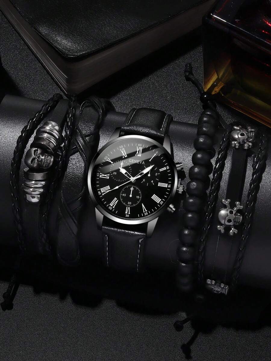 5PCS Simple Casual Quartz Watch For Boys, Round Dial With Roman Dial, PU Strap, With Bracelet Set, Is The Best Gift For Boys, Suitable For Birthdays, Festivals And Couple Gifting