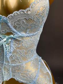 3 Pcs Women's Sexy Lingerie Set - Floral Lace Backless Nightgown With Garter Belt, Satin Bow & Ruffle Thigh Cuffs, V-Neck Bra & Thong, Seductive Bedroom Sleepwear For Valentine's Day Theme Parties, Romantic Shapewear Gift - 淺藍色 - 查看 6