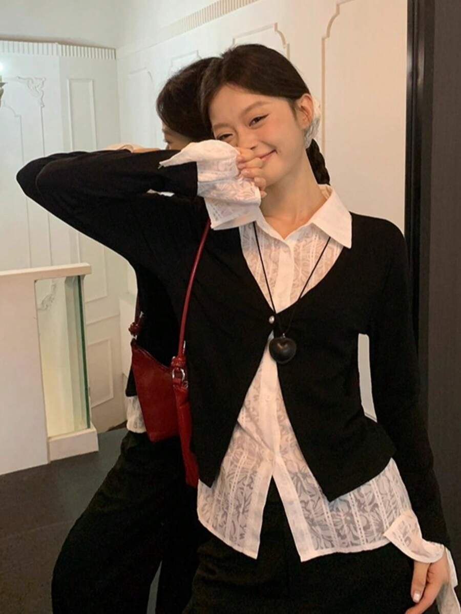 女士春季针织上衣，深灰色针织拼接开衫，修身喇叭袖衬衫，黑色 - 黑色 - 查看 1