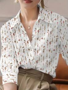 Camiseta elegante de talla grande con estampado floral y botones - Multicolor - Ver 4