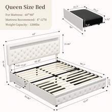 Sibeds LED Bed Frame With 2 Drawers – Modern Upholstered Platform Bed With Storage, Adjustable Headboard –Velvet Beige - Kem nhung - Xem 10