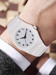 1Pc Men's White Strap Fashionable Casual Personalized Graffiti Elements Simple Scale Dial Quartz Watch Suitable For Daily Wear Or Graduation Gifts - trắng - Xem 3