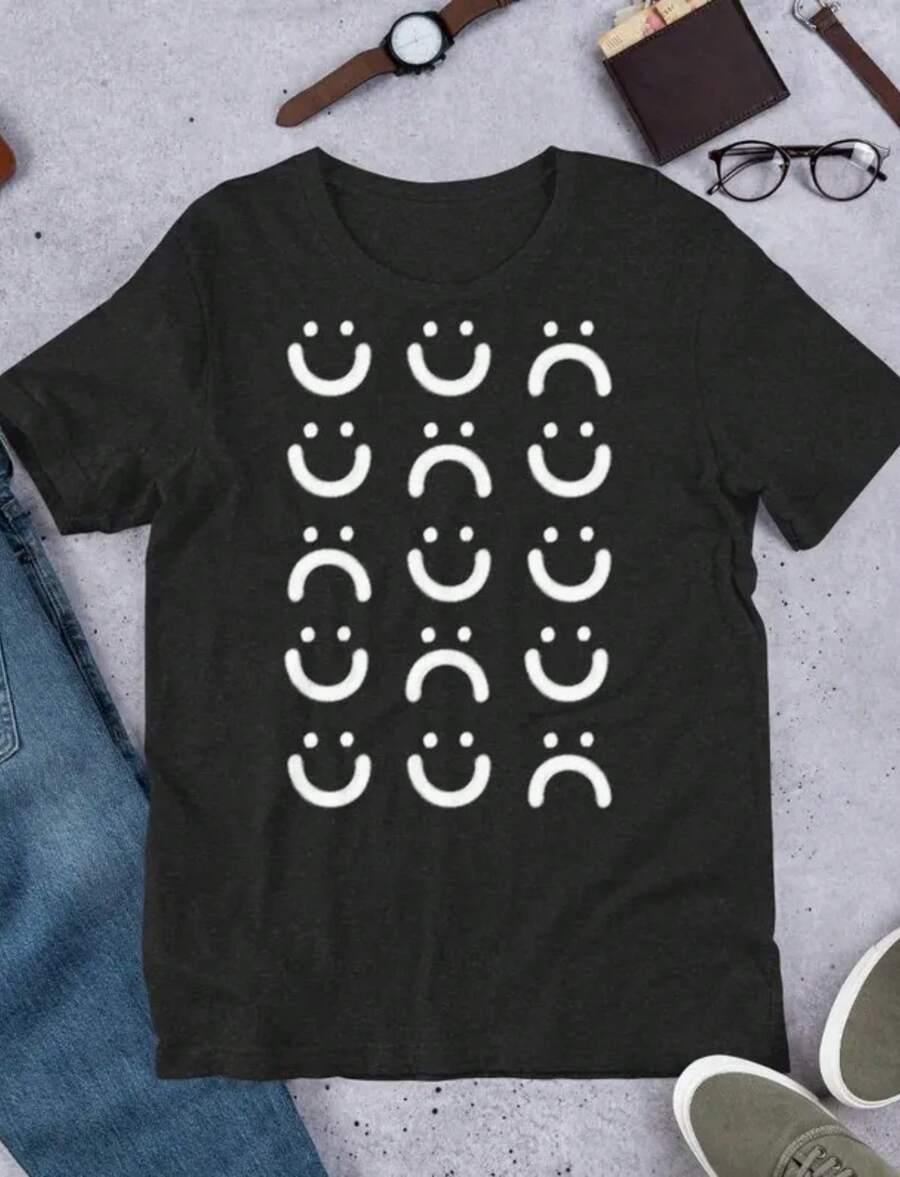 STRAIGHT CUT T-SHIRT Happy Sad Face Streetwear Goth Punk  Funny Cute Kawaii Gothic Weirdcore Witchy Dark Academia Pop Art - 黑色 - 查看 1