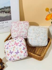 1pc Colorful Butterfly DOPAMINE Cream-Colored Large Capacity Portable Sanitary Napkin Pouch, Menstrual Storage Bag, Cute Cosmetic Organizer, Cream-Colored Versatile Tool Bag. Fashionable Casual Large Capacity Portable Zippered Cosmetic Bag