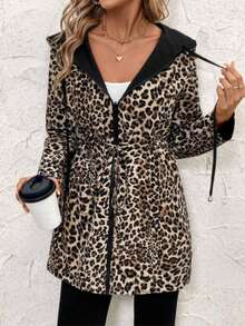 Women's Reversible Hooded Zip-Up Jacket, Leopard Print & Solid Black Casual Long Parka Coat, Suitable For Daily Wear And Travel, Autumn