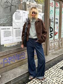 女士休闲通勤时尚长袖绒面革拉链夹克，秋季 - 棕色 - 查看 1