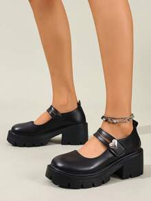 Foot Flair 女款（尺码偏小）玛丽珍厚底粗跟踝带 Y2K 哥特洛丽塔牛津鞋经典舒适校服正装鞋 - 霧面黑色心形扣 - 查看 6