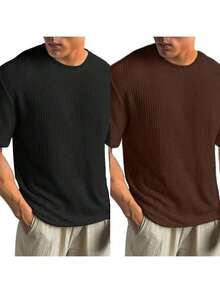 Kit Of 2 Men's Textured Oversized T-Shirts, Year-End Weight - Nâu/Đen - Xem 1