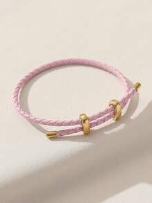 1pc College Style Solid Color Metal Buckle PU Single Circle Adjustable Bracelet, DIY Basic Wristband For Women - Pink - View 2
