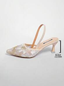 新款中国风白色高跟穆勒鞋，尖头蕾丝刺绣套脚凉鞋，猫跟鞋 - 米色 - 查看 8