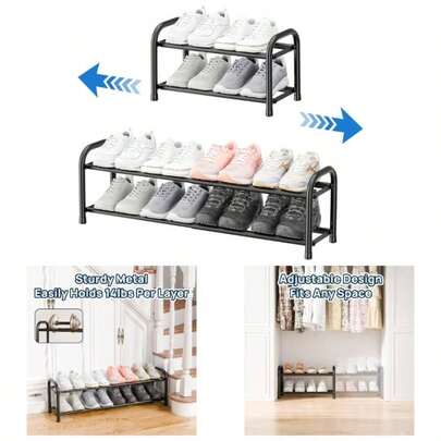 Expandable Shoe Rack, 3 Tier Adjustable Shoe Organizer Shelf Closet, Black Metal Standing Shoe Rack Storage Small Space, Entryway