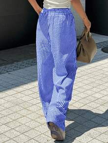 Wide Leg Striped Elastic Palazzo Pants With Pockets - azul real - Ver 5