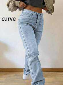 Quần jeans nữ dáng rộng, màu trơn, chất liệu wash nhẹ, phù hợp cho đi làm, ở nhà, tụ họp, mua sắm, mọi mùa. Phong cách đường phố tối giản mới. - Rửa nhẹ - Xem 6