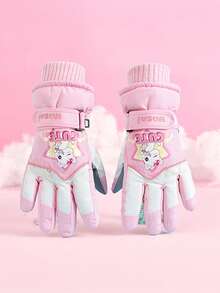 1 Pair Kids Cartoon Pattern Winter Warm Outdoor Sports Snow Ski Gloves, Waterproof And Windproof