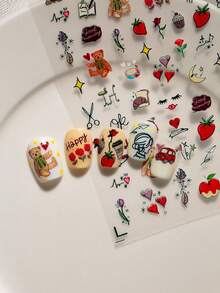 A High-End Romantic Nail Sticker With Relief Laser Technology, Graffiti Hand Drawn Style, Featuring Romantic Roses, Cute Bears, Heart Data And Other Hand Drawn Patterns, Suitable For Personal DIY And Nail Phone Decoration