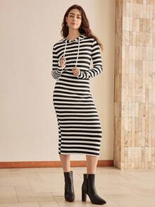 Wildy Women's Black & White Ribbed Hooded Bodycon Maxi Dress - Black and White - View 5