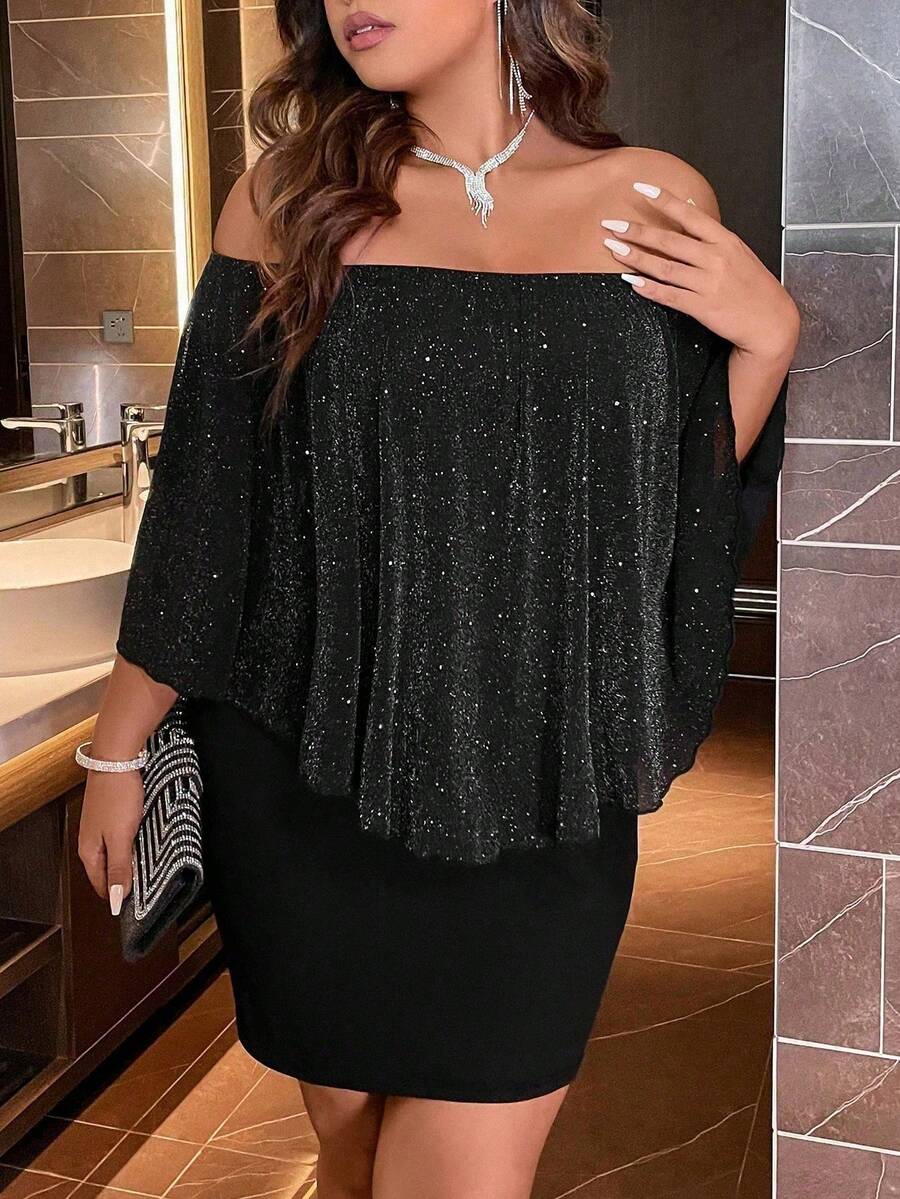 Plus Off Shoulder Cloak Sleeve Bodycon Dress - Black - View 1