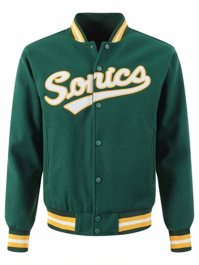 Men's Green High End Embroidered Fashionable Street Style Sportswear Casual Classic Retro Sportswear Patchwork Long Sleeved Hip-Hop Motorcycle Jacket, Fall Winter, Grunge