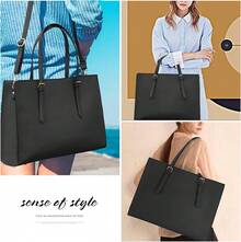 Women's Laptop Bag, Waterproof Lightweight Leather 15.6 Inch Computer Carrying Case Business Office Briefcase Large Capacity Handbag Shoulder Bag Professional Office Work Bag, Black - 黑色 - 查看 2